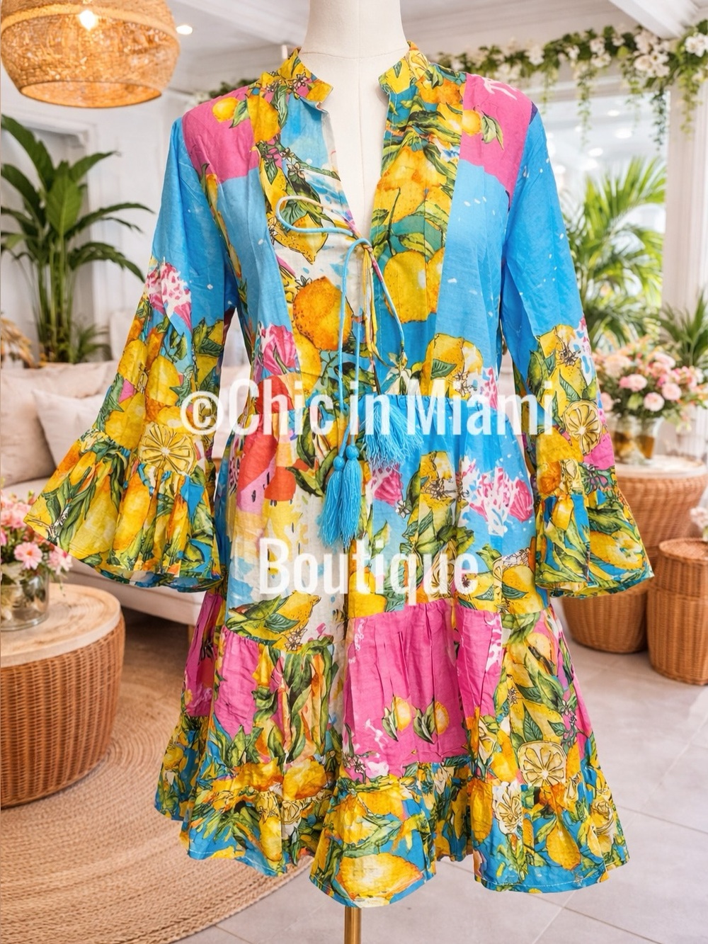 Antica Sartoria 2026 Lemon Print Ruffled Tunic Dress - Blue & Pink